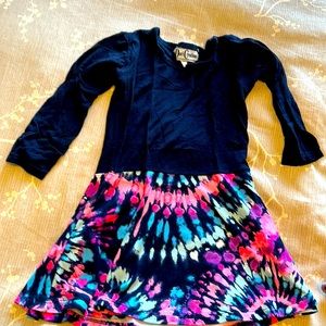 Dori Creations navy dress with pink and purple tie dyed skirt
